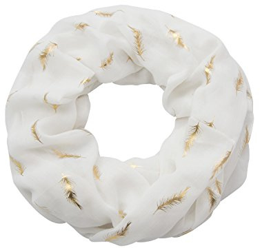 MAKFORT Damen Loop Schal Neu Schlauchschal mit Golden Feder Muster Weiß