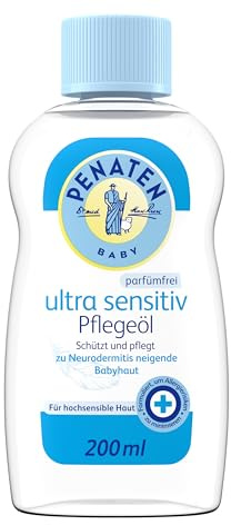 Penaten Ultra Sensitiv Pflegeöl 200 ml, schützendes Baby Massageöl und parfümfreies Babyöl für hochsensible, zu Neurodermitis neigende Babyhaut