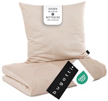 bugatti Bettwäsche 155x220 cm - 100% Baumwolle, Reißverschluss, anschmiegsam, weich & waschbar, Mako Satinbettwäsche Kreise grafisch beige