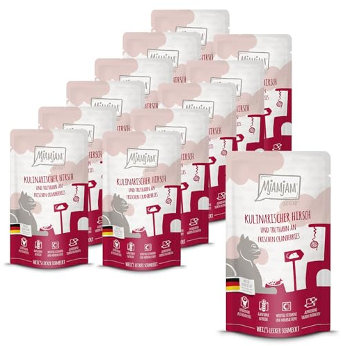 MjAMjAM - Premium Nassfutter für Katzen - Quetschie - kulinarischer Hirsch und Truthahn an frischen Cranberries, 12er Pack (12 x 125 g), getreidefrei mit extra viel Fleisch