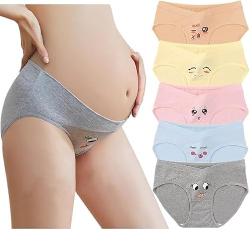 Hornice Umstandshöschen für Damen Niedriger Bund V-Form Bikini Baumwolle Schwangerschaftshöschen Lächeln-Druck Atmungsaktive Stretch-Höschen - 5er-Pack