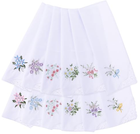 12 Stück Florale Stofftaschentücher Damen, Baumwolle, Vintage-Blumen-Taschentuch, Bestickte Taschentücher für Hochzeitsfeier