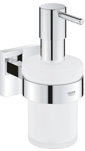 GROHE Start Cube, klebbarer Seifenspender für das Bad, ohne Bohren (Füllmenge: 160ml, mit Halter, verdeckte Befestigung, inkl. Schrauben und Dübel, Kleber separat kaufen), eckig, chrom, 41098000