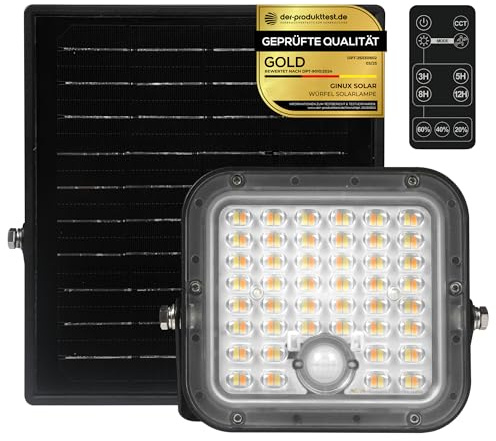GINUX® Solarlampen für außen mit Bewegungsmelder - Solar Wandleuchte aussen und innen mit Superhellen LEDs, PIR-Sensor, 2 LED-Farben und Fernbedingung, Solar LED Strahler für Garten (Würfel 100W)
