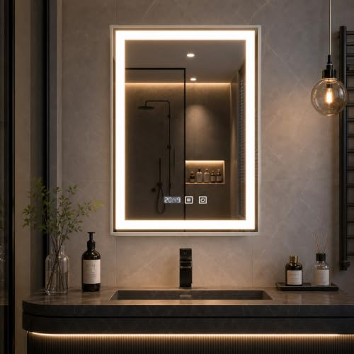 YOURLITE Badspiegel mit Beleuchtung 50x70cm,Badezimmerspiegel LED mit Uhr | Badezimmer Wandspiegel mit Beschlagfrei,Touch-Schalter,Spiegel Bad mit Licht,3 Lichtfarben Dimmbar,Silber,Vertikal,Rechteckig