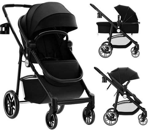 COSTWAY 2 in 1 Kinderwagen faltbar, Kombikinderwagen mit umkehrbarem Sitz & Liegefunktion, Reisebuggy mit verstellbarer Rückenlehne & Verdeck, tragbares Reisesystem für Baby bis 3 Jahren (Schwarz)