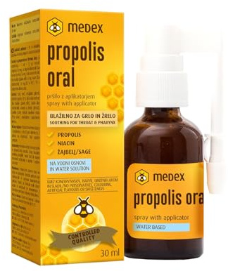 Medex Propolis Oral, propolis spray, Mund- und Rachenspray, wasserbasiert, OHNE Alkohol; mit Honig, Salbei, Niacin, Echinacea, Standardisierte Bioflavonoiden, mit Applikator, 30 ml