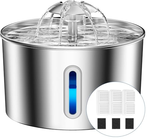 BalimoPet Katzenbrunnen Edelstahl, 2,2L Superleise Trinkbrunnen für Katze mit Kabel, Einfach zu Reinigen, Katzen Trinkbrunnen mit Vierfaches Filtersystem & LED-Licht, mit 3 Aktivkohlefilter
