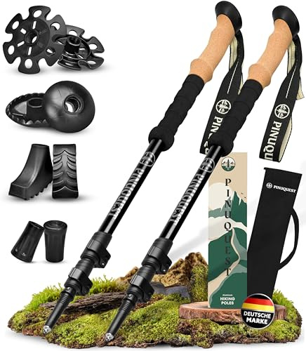 Pinuquest Wanderstöcke Teleskop – Ultraleicht Aluminium oder Carbon – Trekkingstöcke mit Korkgriff – Nordic Walking Stöcke für Damen & Herren – 63–135 cm verstellbar