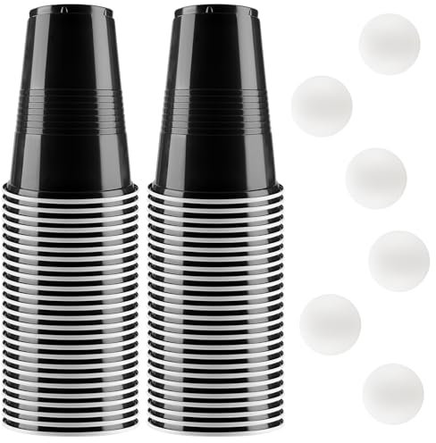 Bierpong Becher Set, Beer Pong Becher Enthält 6 Tischtennisbälle und 50 Becher, 500ML Beerpongbecher, Wiederverwendbare Partybecher für Weihnachten Party Geburtstag Festivals Hochzeit Camping(Schwarz