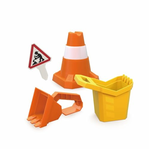 Hape Sandspielzeug-Set „Baustelle“ – 4-teilig mit Baggerschaufel, Baueimer, Baukegeln und Baustellenschild, Robustes Outdoor-Spielzeug, für Kinder ab 3 Jahren
