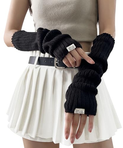 Japanischer Winter Damen Gestrickte Armstulpen - Warme Long Fingerlose Handschuhe mit Daumenloch, Y2K-Gothic-Punk-Hip-Hop-Pulswärmer