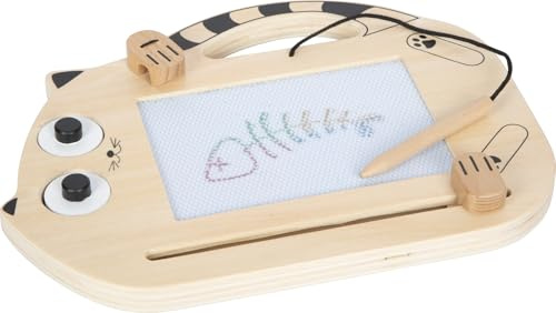 small Foot Magnetische Zaubertafel „Katze“ aus Holz, Zeichenboard mit Stift und Stempeln, tragbare Tafel, für Kinder ab 2 Jahren, 12604, Holzfarben