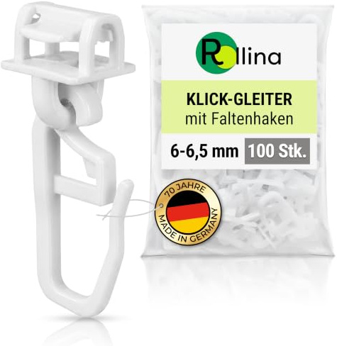 Rollina klick-Gleiter | Gardinenhaken für 6-6,5mm Gardinenschiene | 100 Stück | Vorhang Haken lang | Auch für Wohnwagen Wohnmobil Caravan LKW geeignet | Gardinengleiter | Made in Germany