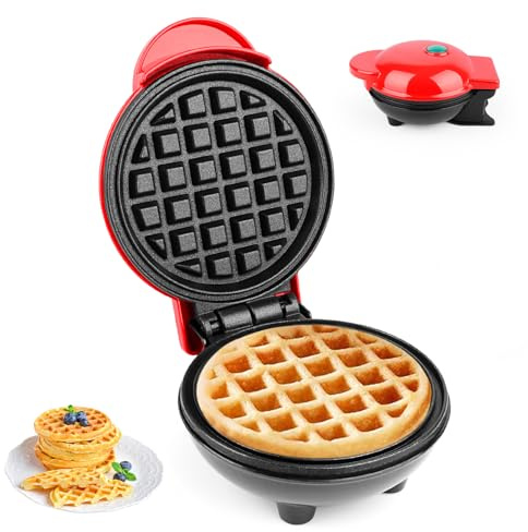LWMTT Mini Waffeleisen, Belgischer Waffel Maker ø 10cm, 220V|350W, Klassisch, Doppelseitige Heizung, Bubble-Waffeleisen, Eine Person, Kompakt, Geeignet für Touren, Rot