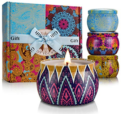 Duftkerzen,4 Stück Duftkerzen Kleine Geschenksets für Frauen Sie 500g, Kerzen in Dosen Mit Natürlich Sojawachs Kerzenset für Raumduft, Kerzen Set Aromatherapie für Muttertag Geburtstag Bad Yoga