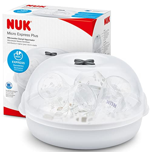 NUK Micro Express Plus Mikrowellen-Sterilisator für Flaschen | sterilisiert bis zu 4 Babyflaschen plus Zubehör in 4 Minuten | passt in die meisten Mikrowellen | inklusive Flaschenzange