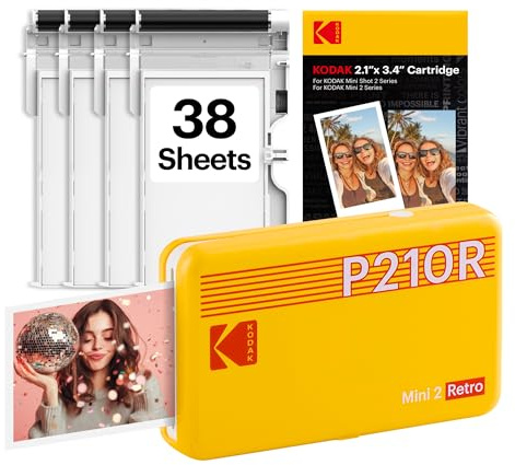 KODAK Mini 2 Retro 5,3 x 8,6 cm tragbarer Fotodrucker, 38 Blatt, Bluetooth-Smartphone-Drucker für iPhone und Android, sofortige Farbdrucke, 4-Pass-Farbsublimation