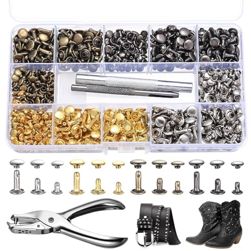 jiuxlaan 400 STK Leder Nieten Set mit Werkzeug, 6/8/12 mm, 4 Farben | Doppelkappe Hohlnieten für Kleidung, Gürtel und Dekoration, ideal für Lederreparatur und Bastelarbeiten
