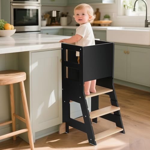 KIDINIX Kinder Lernturm ab 1 Jahr, Learning Tower mit Tafel, Höhenverstellbar, Montessori-Lernstuhl für Küche und Bad, Kippsicher, Schwarz&Holzfarbe