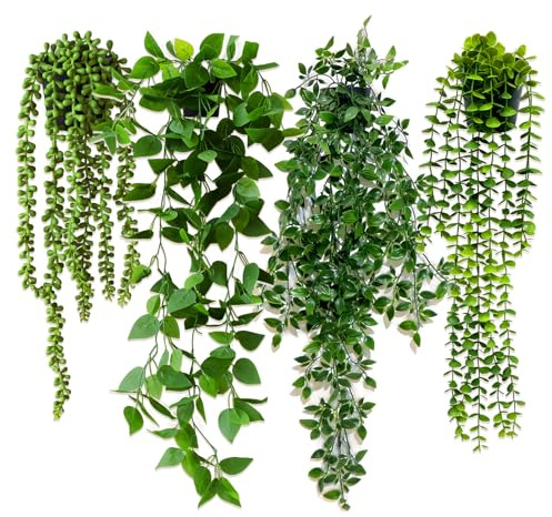 Hängepflanze Künstlich, 4 Stück Künstliche Pflanzen Hängend mit Töpfen, Kunstpflanzen wie Echt, Fake Plant für Drinnen Draußen Büro, kunstpflanzen Wand für Wohnzimmer, Zimmer, Wand