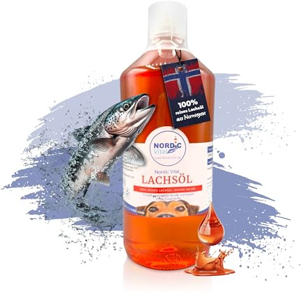 NordicVital Premium Lachsöl Hunde & Katzen 1000ml – 100% Natürliches Fischöl/Fish Oil aus Norwegen Lachs – Reich an Omega 3 & 6 Fettsäuren hochdosiert – Barf Öl abgefüllt in Deutschland