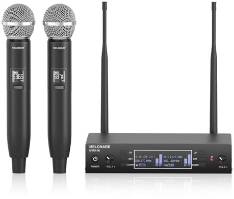 Funkmikrofon Set mit zwei Kanälen, MELONARE Metall-Kabelloses Mikrofon Set Kabellos mit Auto-Scan, 260ft Reichweite, 2x100 UHF Frequenzen, Dynamisches Mikrofon für Gesang, Karaoke(MWU-20-2H)