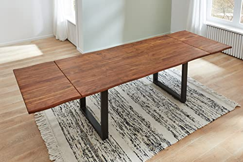 SAM Esstisch Norino 160(260)x90 cm Akazie nougat Baumkante U schwarz | Baumkantentisch massiv, Akazienholz nougatfarben lackiert, ausziehbar, inkl. 2 Ansteckplatten, Metallgestell, Esszimmertisch