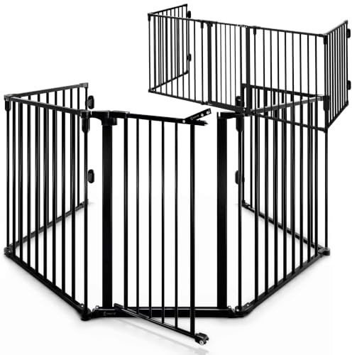 CASARIA Kaminschutzgitter Baby mit Sicherheitstür Metall 2X | 306x76 cm, ohne Bohren, Hundegitter, Kinderschutz, Türschutzgitter, Absperrgitter, Flexibler Einsatz als Laufstall, Schwarz