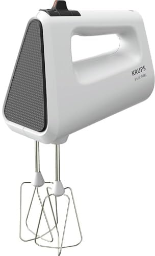 Krups 3 Mix 4000 Handmixer, 450 Watt, robustes Design, variabler Geschwindigkeitsregler, Turbo- und Auswurf-Funktion, inkl. 2 Rührbesen und 2 Knethaken, weiß/grau, GN4001