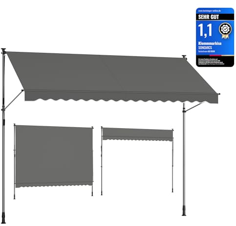 SONGMICS Klemmmarkise, Balkonmarkise, höhenverstellbar, mit Handkurbel, Sonnenschutz, für Balkon, Terrasse, Garten, 350 x 120 cm, anthrazit GSA352G02