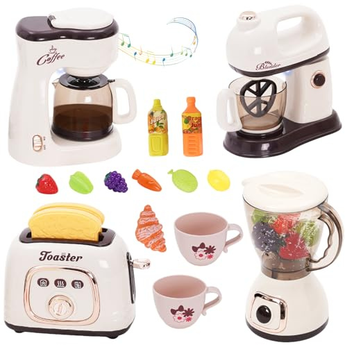 Kinder Küchengeräte Set mit Kaffeemaschine Mixer Toaster Rührgerät, Kinderküche Zubehör Spielzeug Spielküche Lebensmittel mit Licht und Sound Rollenspiele Geschenke Mädchen Junge ab 3 Jahre