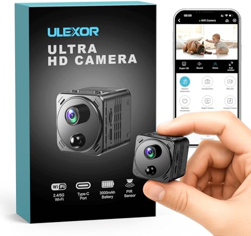 ULEXOR 4K Mini Kamera 2,4/5GHz WLAN Überwachungskamera Innen WiFi Camera mit Live Übertragung aufs Handy, PIR Bewegungserkennung, Nachtsicht, Cloud Speicher, Lange Akkulaufzeit