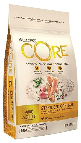 Wellness CORE Sterilised Original 4 kg, Huhn & Truthahn – Katzenfutter Trocken für sterilisierte Katzen, getreidefrei, natürlich, hypoallergen, proteinreich, für eine gesunde Gewichtsregulierung