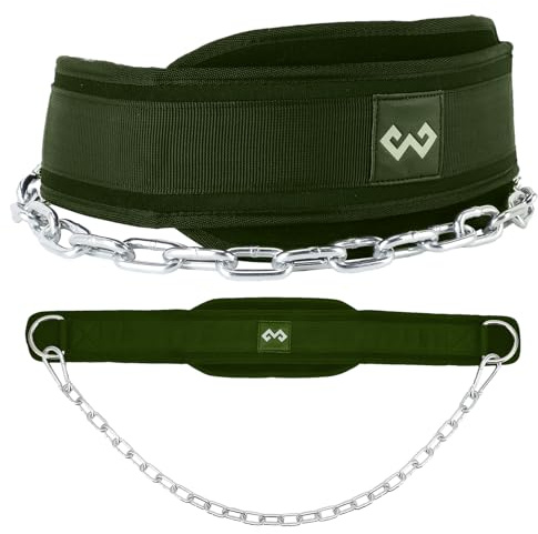 Dip-Gürtel mit Kette für Gewichtheben, Klimmzuggürtel, Fitnessstudio, Gewichthebergürtel für Powerlifting, Kniebeugen, Bodybuilding, Workout, bequeme Unterstützung (Militärgrün)