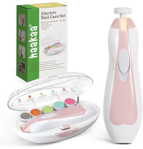 haakaa Elektrischer Baby-Nagelknipser, Baby-Nagelfeilen-Set mit 6 Schleifkopf und LED-Licht für Neugeborene, Kleinkinder Oder Erwachsene, Rosa