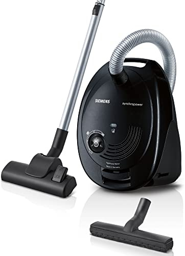 Siemens Staubsauger mit Beutel synchropower VS06A212, Bodenstaubsauger, Hygiene-Filter, Bodendüse für Parkett, Teppich, Fliesen, starke Saugleistung, langes Kabel, Fugendüse, 600 W, schwarz