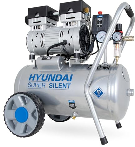 HYUNDAI Silent Kompressor SAC55752 | 24L Kessel, 8bar, ölfrei | 0.75kW / 1.0PS | Ansaugleistung 125 L/Min | Öl-Wasserabscheider | 59dB Luftkompressor leise, Flüster-Kompressor