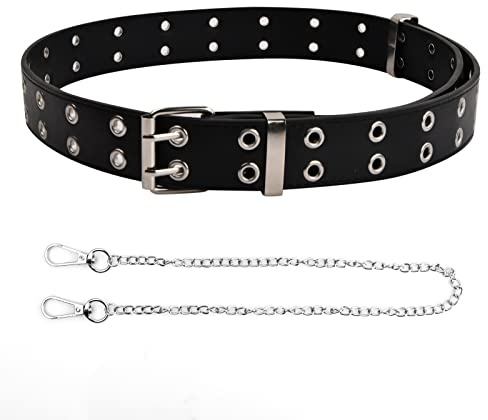 FESSOSKO Punk Kinder Gürtel, Doppelte Öse Kindergürtel mit Abnehmbarer Kette für Jungen Mädchen, PU Taillengürtel Nietengürtel für Jeans Röcke Kleid (Schwarz)