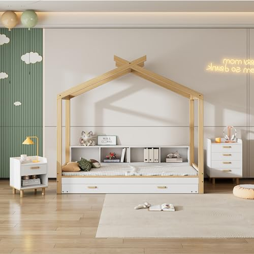 I0I&I0I Kinderzimmerkombination, Komplettschlafzimmer Set, Weiß+Natur, Hausbett+Nachttisch+Kommode, MDF+Kiefer (205x202x187.5CM)