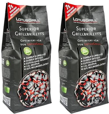 LotusGrill 2X 3KG Superior BBQ-Briketts aus Buchenholzkohle Sparpack, CO2 neutral -zündet schnelllange Brenndauer bis zu 3 Std. mit Classic Grill, aus Buchenholzkohle, extrem raucharm, wenig Asche