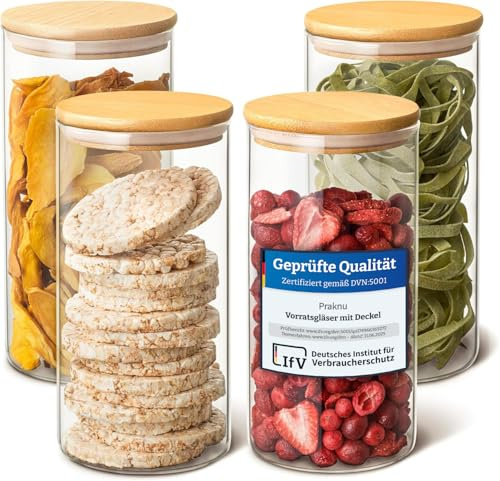 Praknu Vorratsgläser mit Deckel Luftdicht [4er Set - 1200 ml] - Glasbehälter mit Holzdeckel - Vorratsdosen Glas für Lebensmittel & Küche – Müsli Aufbewahrung - Aufbewahrungsgläser - Food Storage Glass
