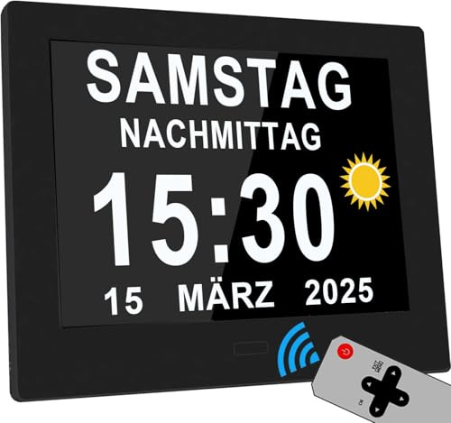 Véfaîî Upgraded 19 Alarme Elektronische Tag Datum Kalenderuhr, Nicht-Abgekürzte Tag Datum Große Uhr für Senioren mit Demenz Alzheimer – mit Fernbedienungr – 8 Zoll mit Fernbedienung