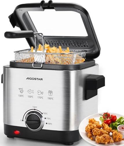 Aigostar 1,5L Fritteuse (1000W) - Edelstahl mit Temperaturregelung, Ölmarkierung, Antihaft-Korb, Geruchsfilter & Spülmaschinenkorb - Sicherheitsgriff + Sichtfenster - silber