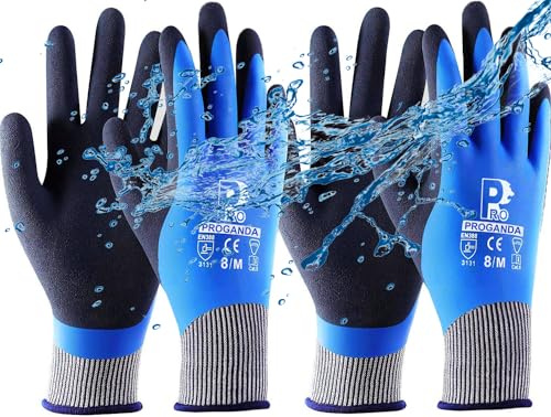 PROGANDA 2 Paar Wasserdichte Arbeitshandschuhe Gartenhandschuhe Schutzhandschuhe, Latex beschichtet handschuhe für Garten Hof im Freien arbeiten