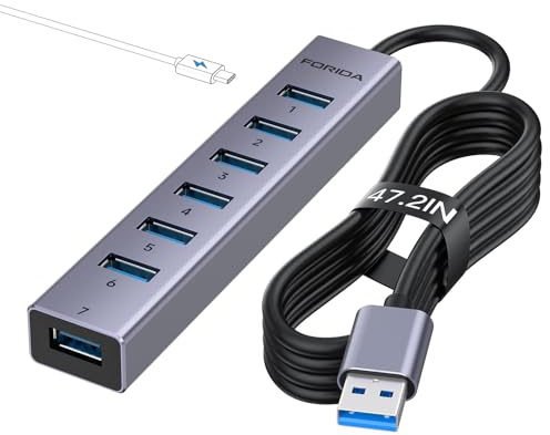 FORIDA 8-Port USB Hub 3.0 Mit 120cm Langes Kabel Hubs, Aluminium USB Verteiler 5Gbps Multiport Adapter Für Laptop, MacBook, PC, U-Disk, USB-3.0 Splitter Mit 15W USBC Port- Grau