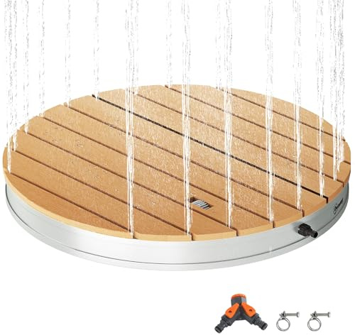 Outsunny Bodendusche Gartendusche mit einstellbar Fußrad Aluminium Aussendusche bis 4 m Fontänenhöhe Ø70,5 cm Saunadusche Holzoptik rutschfeste Wetterfest Outdoor Campingdusche für Pool Sauna