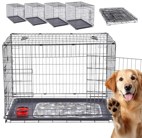 Arebos Hundekäfig 92,5 x 60 x 66 cm | Hundetransportbox Auto klappbar | Hundebox faltbar | Transportbox Hund mit 2 Türen | Hundekäfig für Zuhause | L Schwarz