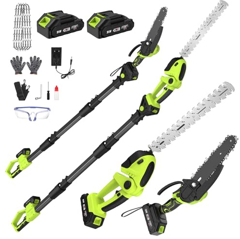 Motorsäge und Heckenschere Akku Teleskop Combo, 4 in 1 Mini Kettensäge 6 Zoll Elektrisch mit 2 * 4000 mAh Akku, 4 Kette, Handschuhe Schutzbrille Geeignet für Astschere Gartenpflege und zum Holzfällen