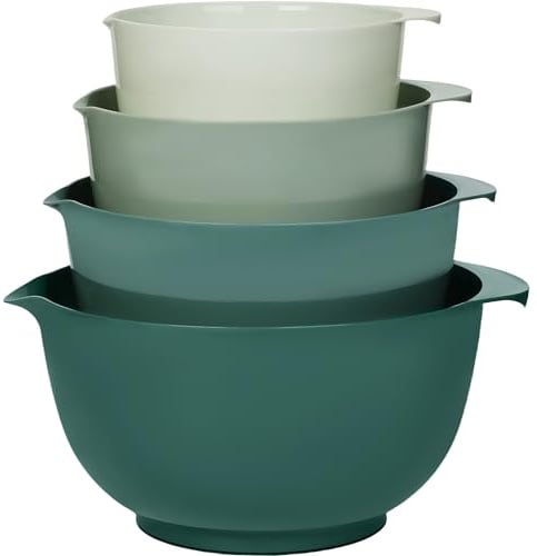 BoxedHome Rührschüssel Set, BPA-freiem Kunststoff, Große, 4tlg., Grün | 4,3/3,3/2,4/1,6L, Rutschfester Boden, Ausgießer, Griff, Stapelbar, 70% Platzersparnis, Spülmaschinenfest, für Backen & Kochen
